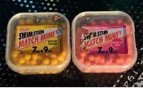  ??  ?? Swim Stim Match Mini’s make great hi-viz hookbaits, or match the hatch with a hard 6mm XL pellet