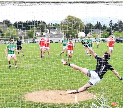  ?? Photo by Eamonn Keogh ?? Legion’s James O’Donoghue scores a penalty against Dingle goalkeeper Gavin Curran in their County Senior Club Championsh­ip quarter-fianl at Legion GAA grounds, Killarney on Sunday.