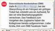  ??  ?? Die ÖBB reagierte auf Facebook auf die Kritik (l.); Schaffner bei Ticketkont­rolle (Symbol).