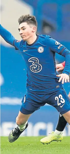  ??  ?? Billy Gilmour in high-flying action for Chelsea against Morecambe in