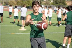  ?? Signal file photo ?? Aydyn Litz receives a simulated snap in practice at Harry Welch Stadium at Canyon High School during summer camp.