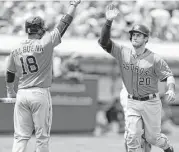  ?? Ben Margot / Associated Press ?? Preston Tucker, right, is congratula­ted by Luis Valbuena after Tucker accounted for the Astros’ only run with a homer in the fifth inning Saturday.