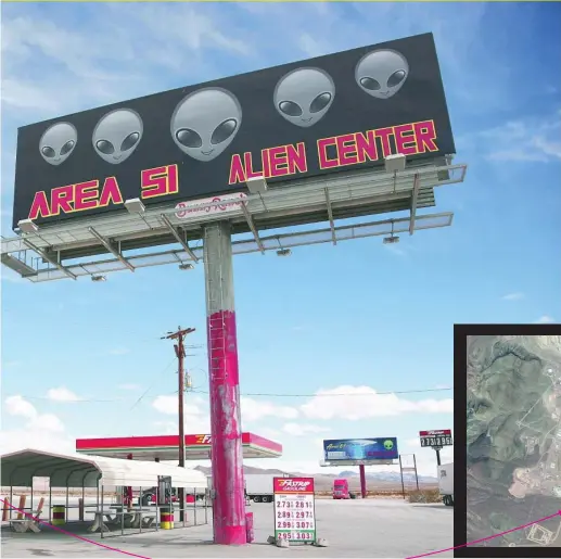  ??  ?? En el Valle de Armagosa, en Nevada, una estación de servicio es también una atracción turística que aprovecha las leyendas que envuelven al Área 51