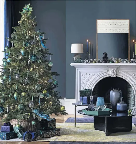  ??  ?? Pictured right: Go Green Peruvian pine tree, 7ft, £199; willow tree skirt XL natural, from£28 to £35; frosted succulent wreath, £45; selection of emerald baubles from £4 each.All items from John Lewis