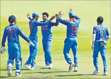  ?? BCCI ?? Kuldeep Yadav celebrates the wicket of South Africa’s JP Duminy during the first ODI at the Kingsmead ground in Durban on Thursday.