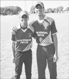  ??  ?? Matthew Nandu and Ravindra Nauth share a light moment after their eight-wicket win over Palace Panthers.