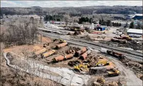  ?? Matt Freed / Associated Press ?? Cleanup continues at the site of the Feb. 3 derailment of a Norfolk Southern freight train carrying toxic chemicals in East Palestine, Ohio.