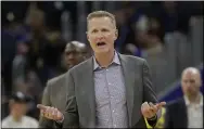  ?? JEFF CHIU — THE ASSOCIATED PRESS ?? Warriors coach Steve Kerr reacts toward officials during a March 1game against the Wizards in San Francisco.