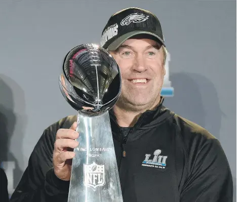  ??  ?? GETTY IMAGES Philadelph­ia Eagles head coach Doug Pederson celebrates leading his team to the franchise’s first Super Bowl victory on Sunday, a 41-33 win over the New England Patriots. The game included a few fourth-down decisions by Pederson that left...