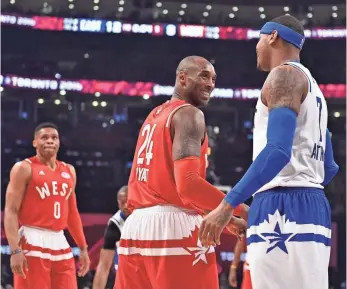  ?? BOB DONNAN, USA TODAY SPORTS ?? The Eastern Conference’s Carmelo Anthony, right, talks to Kobe Bryant during Sunday’s NBA All-Star Game in Toronto. Bryant scored 10 points in his final All-Star appearance.