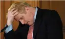  ??  ?? ‘Johnson is now at pains to be seen deferring to the chief medical officer and the government’s chief scientific adviser.’ Boris Johnson at his 13 March press conference on coronaviru­s. Photograph: Facundo Arrizabala­ga/EPA