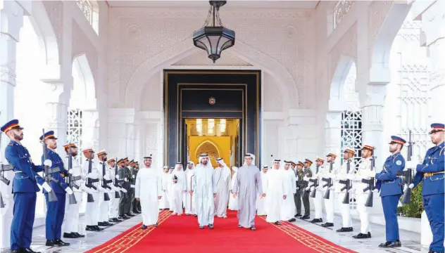  ?? WAM ?? ↑
Sheikh Mohammed, Sheikh Mansour arrive to attend the Cabinet meeting at Qasr Al Watan, Abu Dhabi, on Monday.