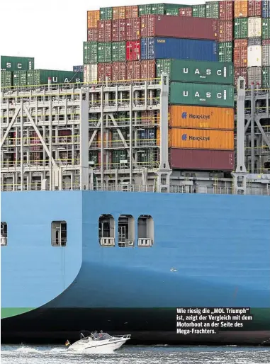  ??  ?? Wie riesig die „MOL Triumph“ist, zeigt der Vergleich mit dem Motorboot an der Seite des Mega-Frachters.