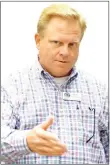  ?? Photo by Randy Moll ?? Benton County Judge Barry Moehring speaks with constituen­ts at an informatio­nal town hall meeting on July 24 in Gentry.