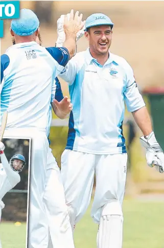  ?? Picture: ALAN BARBER ?? HIGH FIVES: Jan Juc players celebrate the run-out of Lachlan Campbell in Saturday’s win over Barwon Heads at Bob Pettitt Reserve. INSET: Seagulls batsman Teia Miles goes large in his innings of 10.