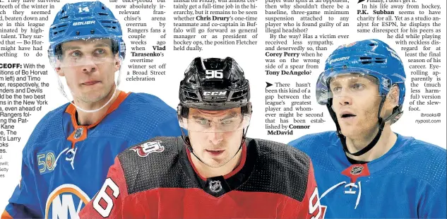  ?? Paul J. Bereswill; AP; Getty Images ?? FACEOFF: With the additions of Bo Horvat (from left) and Timo Meier, respective­ly, the Islanders and Devils could be the two best teams in the New York area, even ahead of the Rangers following the Patrick Kane trade, The Post’s Larry Brooks writes.