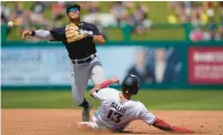  ?? GERALD HERBERT/AP ?? The Minnesota Twins’ Joey Gallo is forced out at second as New York Yankees second baseman Anthony Volpe throws to first on a double play off the bat of Ryan Jeffers in the second inning of a spring training baseball game in Fort Myers, Fla., on Monday.