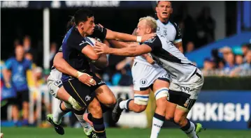  ??  ?? Noel Reid holds off Jesse Mogg’s challenge during Leinster’s victory over Montpellie­r and, main, in action against Nemani Nadolo