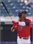  ?? TONY DEJAK — THE ASSOCIATED PRESS ?? Jose Ramirez watches his two-run home run in the sixth inning April 7 at Progressiv­e Field.