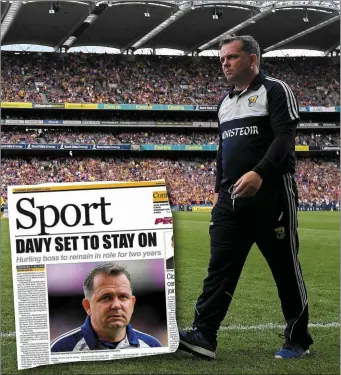  ??  ?? Wexford Senior hurling manager Davy Fitzgerald patrolling the Croke Park sideline against Tipperary. INSET: The story on this supplement’s front page on September 3.