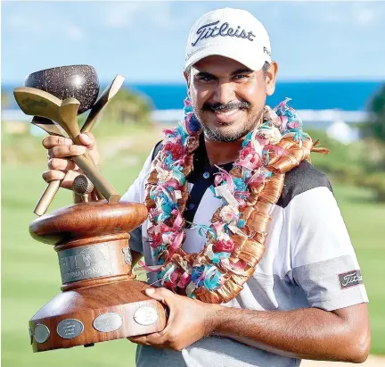  ?? Photo: Fiji Internatio­nal ?? Indian golfer Gangajeet Bhullar after winning the Fijian Internatio­nal presented by Fiji Airways at the Natadola Bay Championsh­ip Golf Course on August 5, 2018.