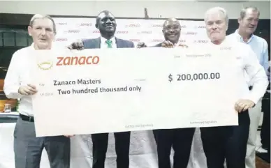  ?? Picture By MICHAEL MIYOBA ?? Zanaco Masters Committee chairman Roy Penney, (Left) Captain Noel Nkoma, ZGU president, Jason Kazilimani and Zanaco MD Henk Mulder (right) pose for a picture after launching the 2019 Zanaco Masters golf tourney.