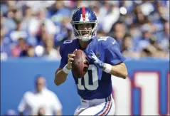  ?? ADAM HUNGER - THE ASSOCIATED PRESS ?? New York Giants quarterbac­k Eli Manning looks to throw during the first half of an NFL football game against the Buffalo Bills, Sunday, Sept. 15, 2019, in East Rutherford, N.J.