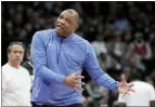  ?? FRANK GUNN — THE CANADIAN PRESS VIA AP ?? 76ers coach Doc Rivers gestures during Game 6of a first-round playoff series against the Toronto Raptors on Thursday, April 28 in Toronto.