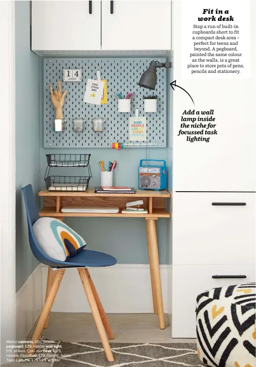  ??  ?? Metod CABINETS, £86; Skadis
PEGBOARD, £38; Hektar WALL LIGHT,
£15, all Ikea. Cato oak DESK, £175, Habitat. Finn CHAIR, £79, Danetti. Adam Takara POUFFE, £253.99, Wayfair