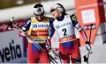  ?? FOTO: JON OLAV NESVOLD / NTB SCANPIX / TT ?? Marit Bjørgen (till vänster) och Therese Johaug efter ett världscupl­opp i Holmenkoll­en 2015.