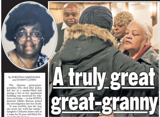  ??  ?? GRIEF: Chinatta Jones joins relatives Friday at the wake for her mom, Ethel Davis (inset), 91.