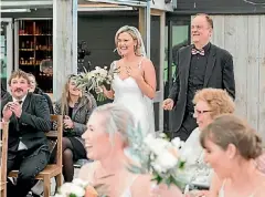  ??  ?? The bride and her cheerful father before the start of the ceremony.