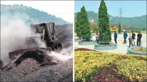  ?? XINHUA ?? A coal mine waste dump in Yangquan, Shanxi province, before and after its cleanup. More than 20 such areas in the city have been turned into leisure parks since 2000.