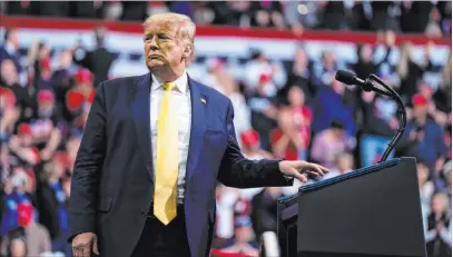  ?? The Associated Press file ?? President Donald Trump speaks during a Feb. 20 campaign rally in Colorado Springs, Colo. Deprived of the economy on which he was basing his re-election bid, Trump is now saying in essence, “I brought prosperity once before, so let me do it again.”