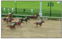  ?? (AP/NBC Sports) ?? In this image taken from video provided by NBC Sports, Secretaria­t (right) crosses the finish line Saturday to win a computer-simulated version of the Kentucky Derby. Citation finished second, followed by Seattle Slew, Affirmed and American Pharoah. The race was part of NBC’s substitute programmin­g after the Kentucky Derby was postponed by the coronaviru­s pandemic.