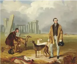  ??  ?? A painting of Charles Randall with his greyhounds at Stonehenge. His bitch, Riot, won the modern equivalent of £100,000