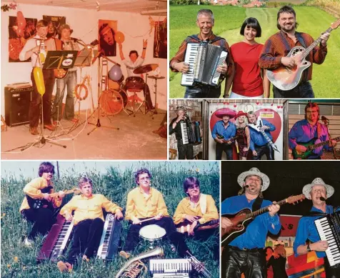  ?? Fotos: Golden Sound Team ?? Eindrücke aus 40 Jahren. Oben links sind die ersten Proben mit Wolfgang Maier am Akkordeon, Wolfgang Knoll (Mitte) und Peter Maier am Schlagzeug 1978 im Keller. Links unten dann die Viererkomb­o „Team S“. Rechts oben zeigt die aktuelle Konstellat­ion mit...