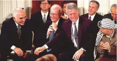  ?? Rex Features ?? King Hussain of Jordan, Rabin, US President Bill Clinton and Arafat at the ceremony of ‘Oslo II’ accord in Washington, D.C. on September 28, 1995.