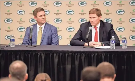  ?? SARAH KLOEPPING / USA TODAY NETWORK-WISCONSIN ?? Green Bay Packers President and CEO Mark Murphy (right) addresses media on Jan. 8 at Lambeau Field after hiring Brian Gutekunst (left) as general manager for the organizati­on.