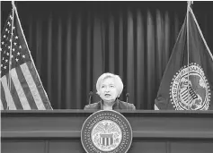  ??  ?? Yellen speaks during a news conference after the Fed releases its monetary policy decisions in Washington, US. Yellen told Congress this month that the central bank was not blind to the data showing inflation stubbornly below the central bank’s two per...