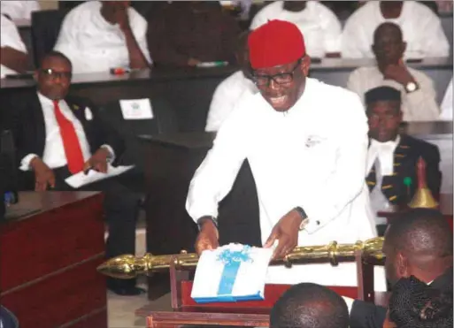  ??  ?? Governor Okowa presenting the 2018 Appropriat­ion Bill to the State House of Assembly