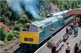  ?? PAUL FINCH/WLA ?? On its first day back in service following repairs, the Western Locomotive Associatio­n’s Class 52 D1062 Western Courier waits at Bewdley to take over a train from classmate D1015 Western Champion on July 11. The WLA is planting trees to offset the carbon emissions of its locomotive­s.