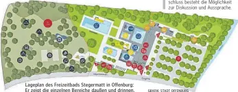  ?? GRAFIK: STADT OFFENBURG ?? Lageplan des Freizeitba­ds Stegermatt in Offenburg: Er zeigt die einzelnen Bereiche daußen und drinnen.