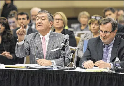  ?? JULIA NAGY / AP ?? Election lawyers John Pirich (left) and Gary Gordon, who appeared on behalf of Donald Trump’s presidenti­al campaign, address the Michigan Board of State Canvassers regarding a request of a statewide presidenti­al election recount by Green Party...