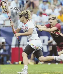  ?? STAFF FILE PHOTO BY NICOLAUS CZARNECKI ?? TOUGH DRAW: Hannah Hyatt (right) and Boston College will try to slow down Maryland’s Jen Giles (5) when the teams meet Friday in a rematch of last year’s NCAA women’s lacrosse championsh­ip game.