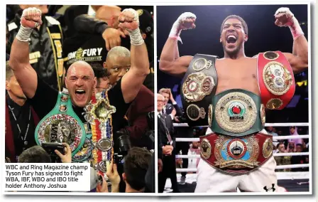  ??  ?? WBC and Ring Magazine champ Tyson Fury has signed to fight WBA, IBF, WBO and IBO title holder Anthony Joshua