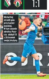  ?? ?? Michał Koj strzelił gola przy Łazienkows­kiej.
W tym sezonie obrońcy Puszczy zdobyli 13 z 26 bramek swojej drużyny.