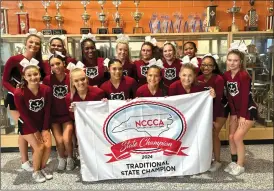  ?? PHOTOS SPECIAL TO THE O-N-E ?? D1 SUPER VARSITY NON TUMBLING
LEFT: Bunker Hill cheer won the D Small Varsity Non-Tumbling state championsh­ip on Jan. 20. RIGHT: Maiden high cheer were crowned D2 Super Varsity state champions.