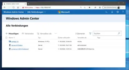  ??  ?? Überblick über vorhandene Verbindung­en: Wurden bereits Systeme eingebunde­n, so zeigt das Windows Admin Center diese beim Start an.