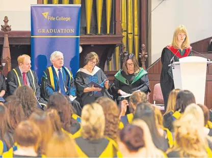  ?? Picture: Steven Brown. ?? Optimistic: Dorothee Leslie speaking at Fife College’s graduation ceremony.